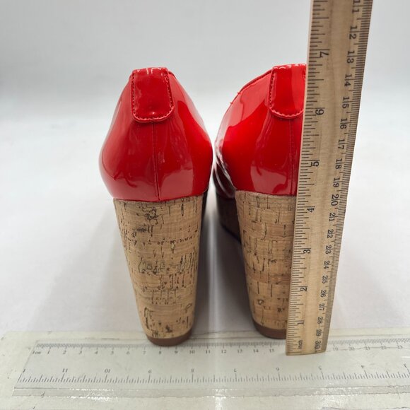 XYD Red Round Toe Wood Platform Pumps Slip On Patent Wedge Cork High Heel Shoes - Picture 5 of 8